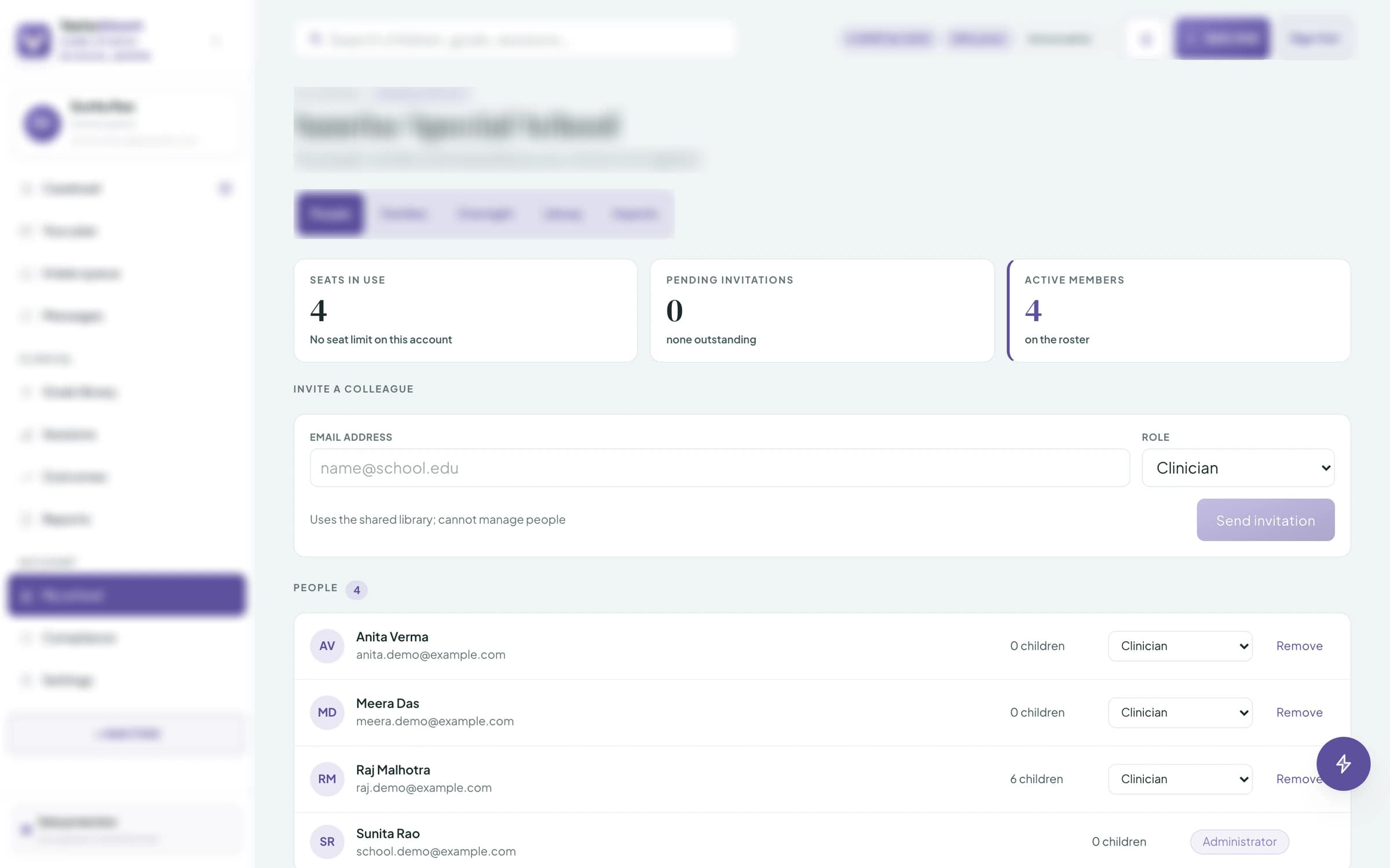 School portal — clinician roster and seats