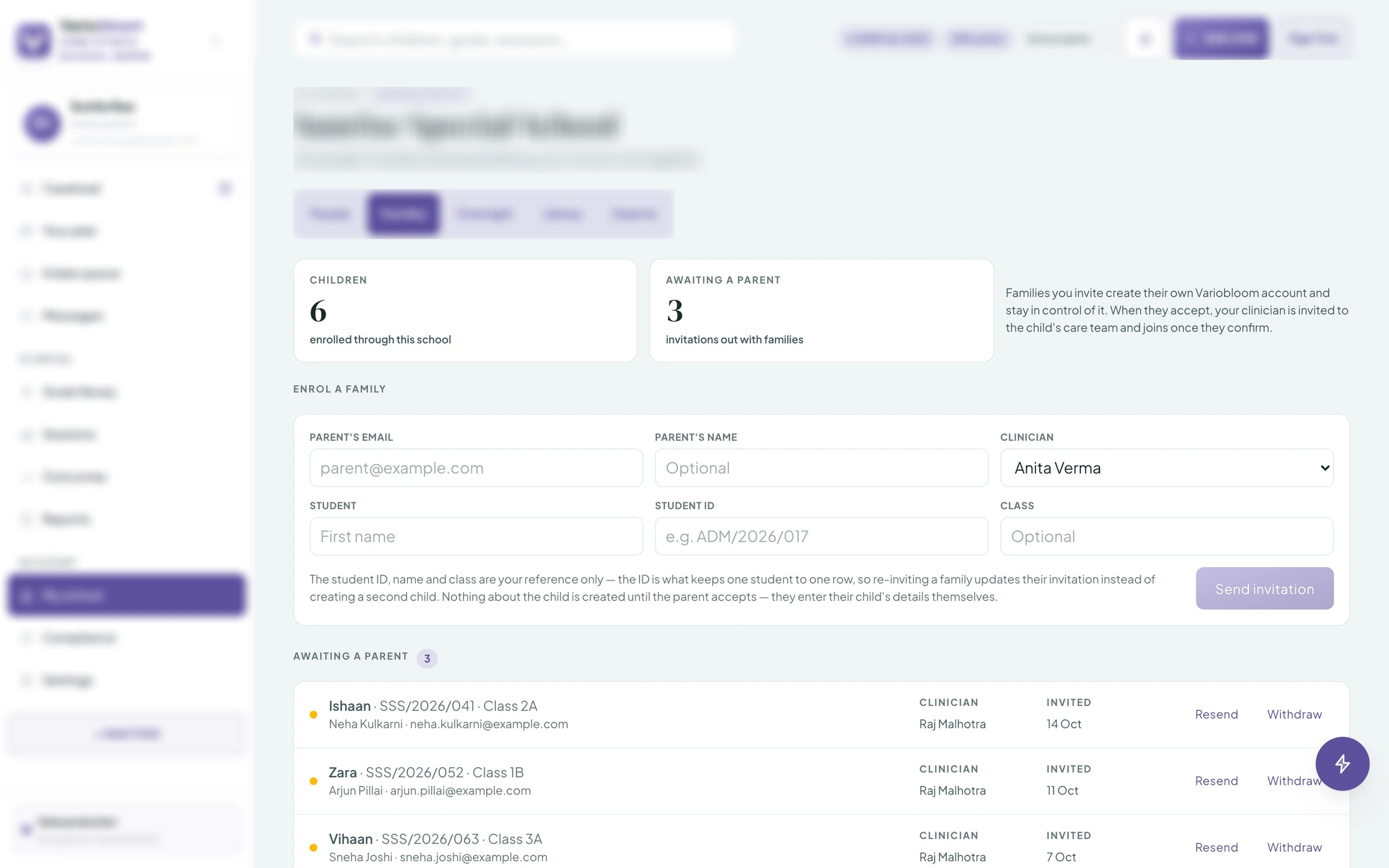 School portal — families enrolled and pending invitations