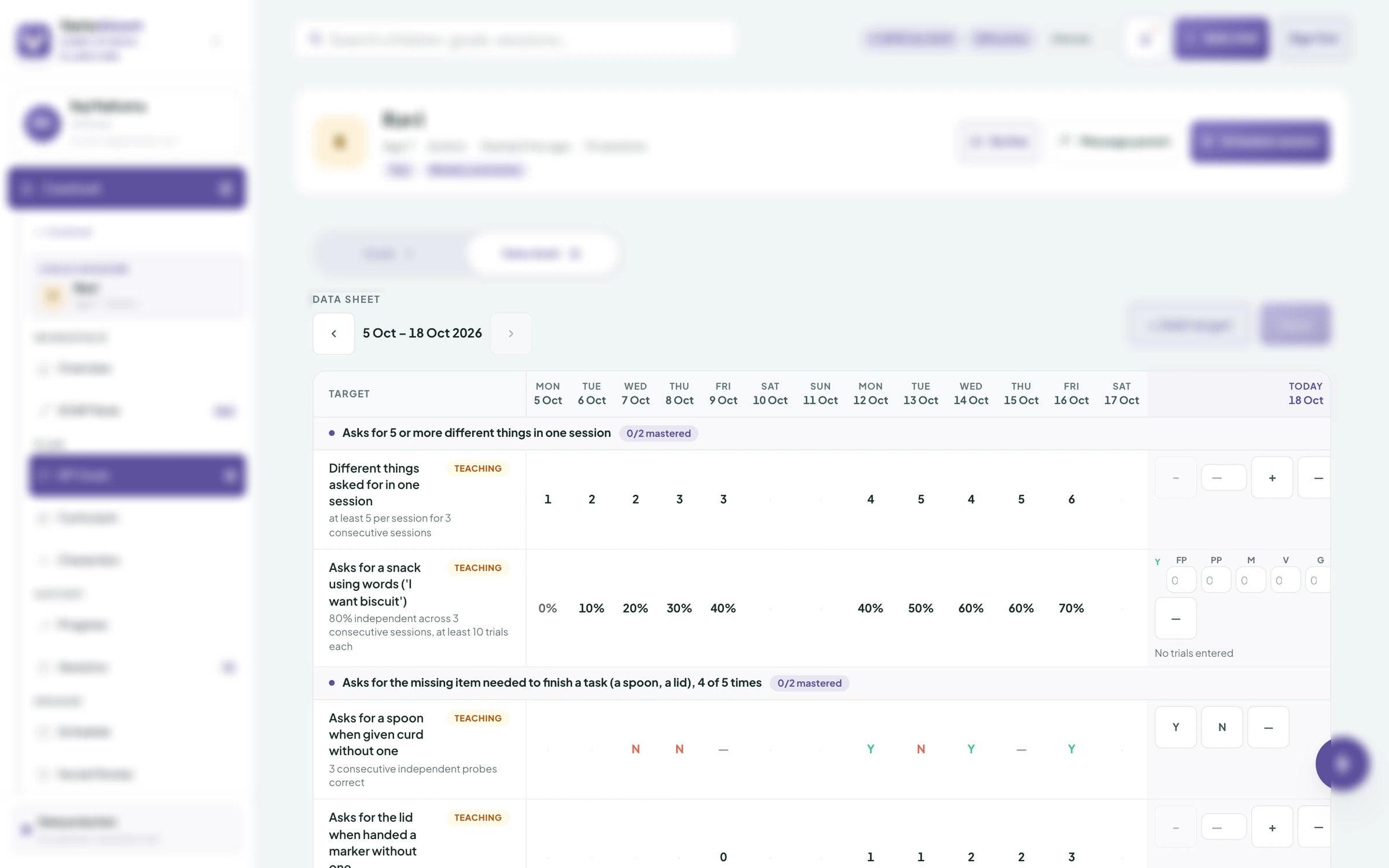Care Studio — the daily data sheet: one row per teaching target, such as asking for a snack using words