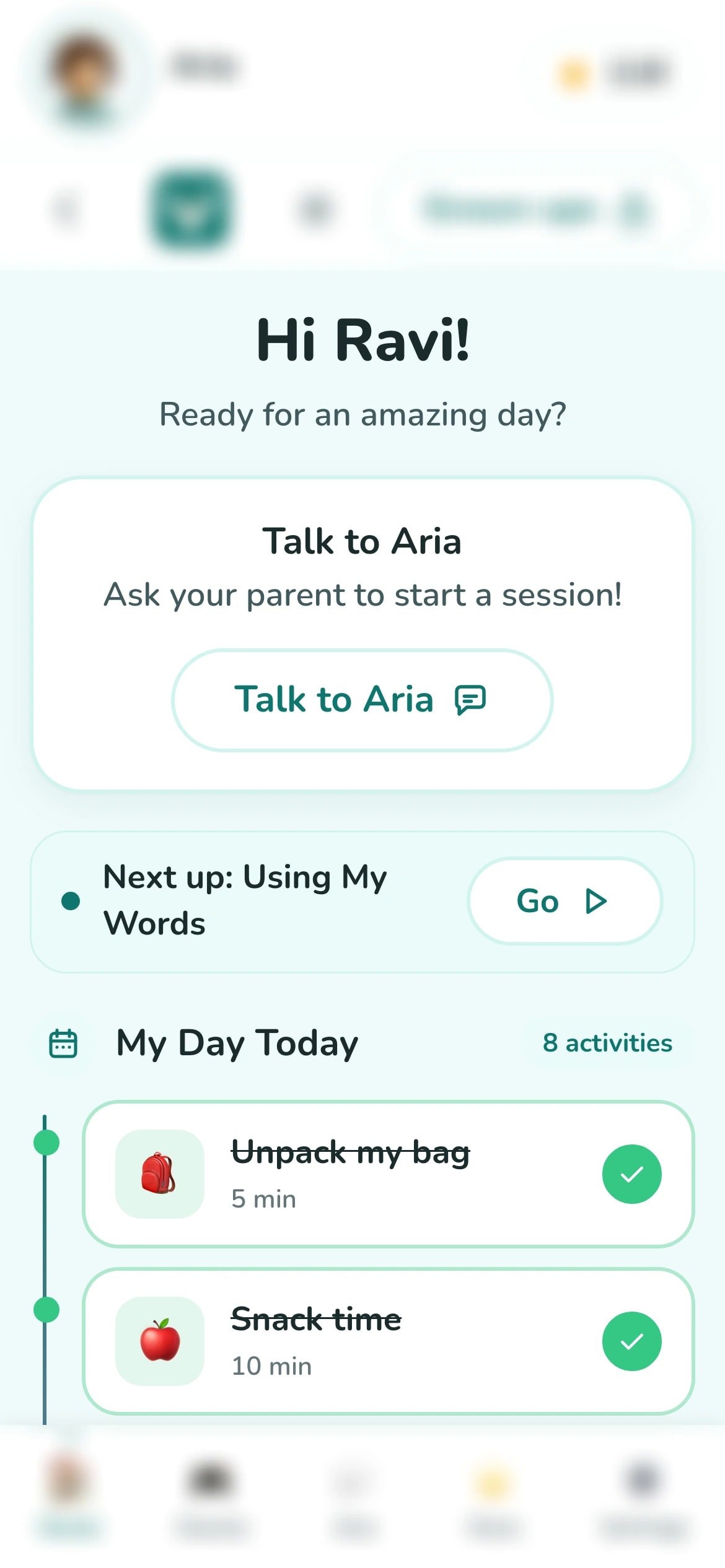The child’s home screen — today’s lessons and stories