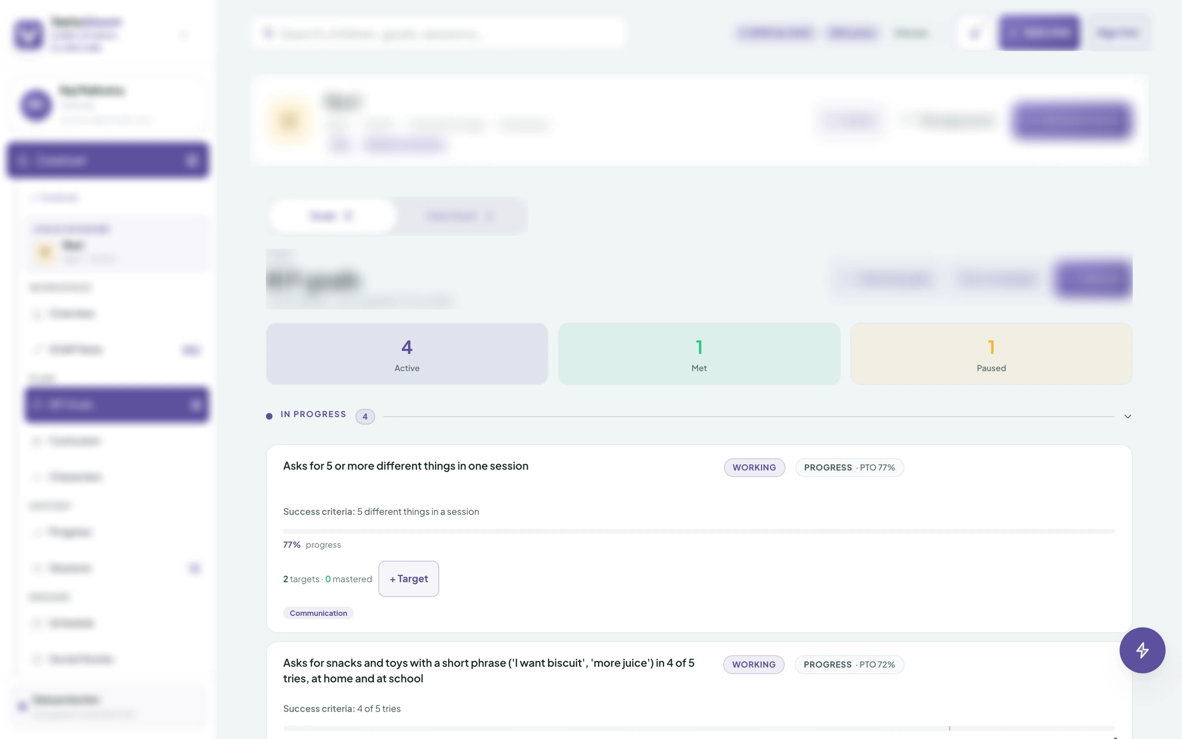 Care Studio dossier — IEP goals with target percentages and progress trends